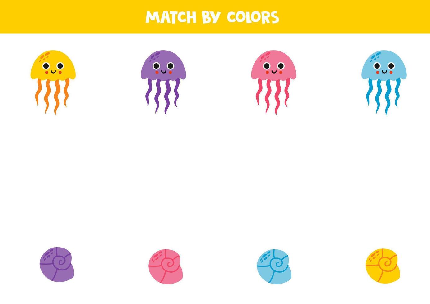 Color matching game for preschool kids. Match cute jelly fish and sea shells by colors. vector