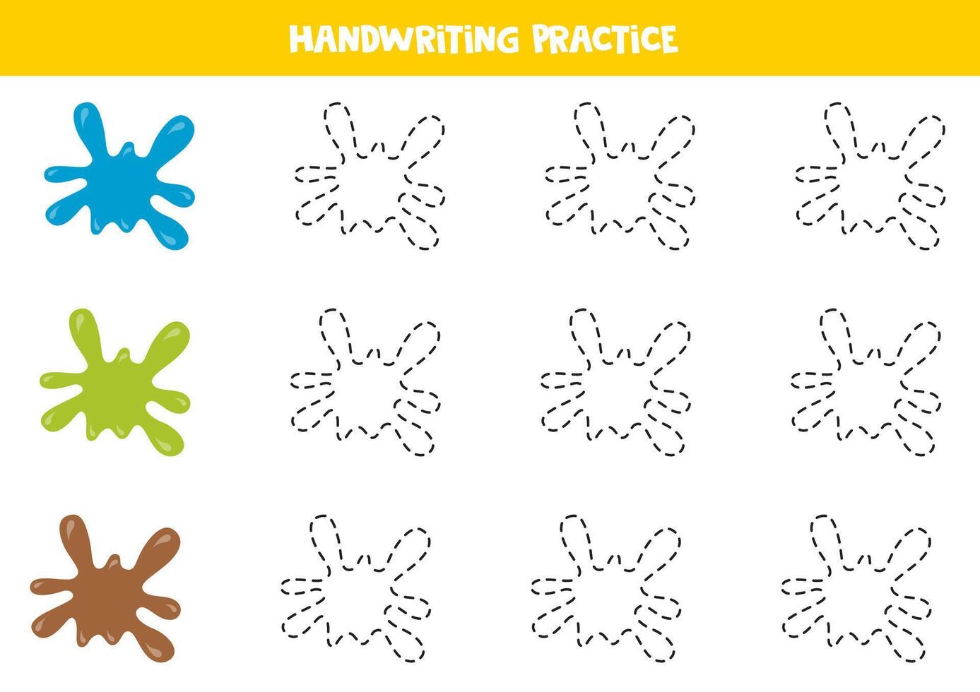 Tracing contours of colorful paint blobs or splashes. Writing practice. vector