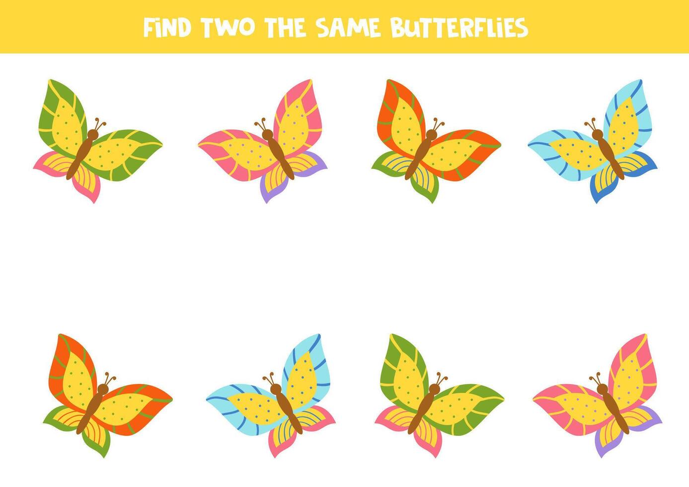Find two the same cute butterflies. Educational logical game for kids. vector