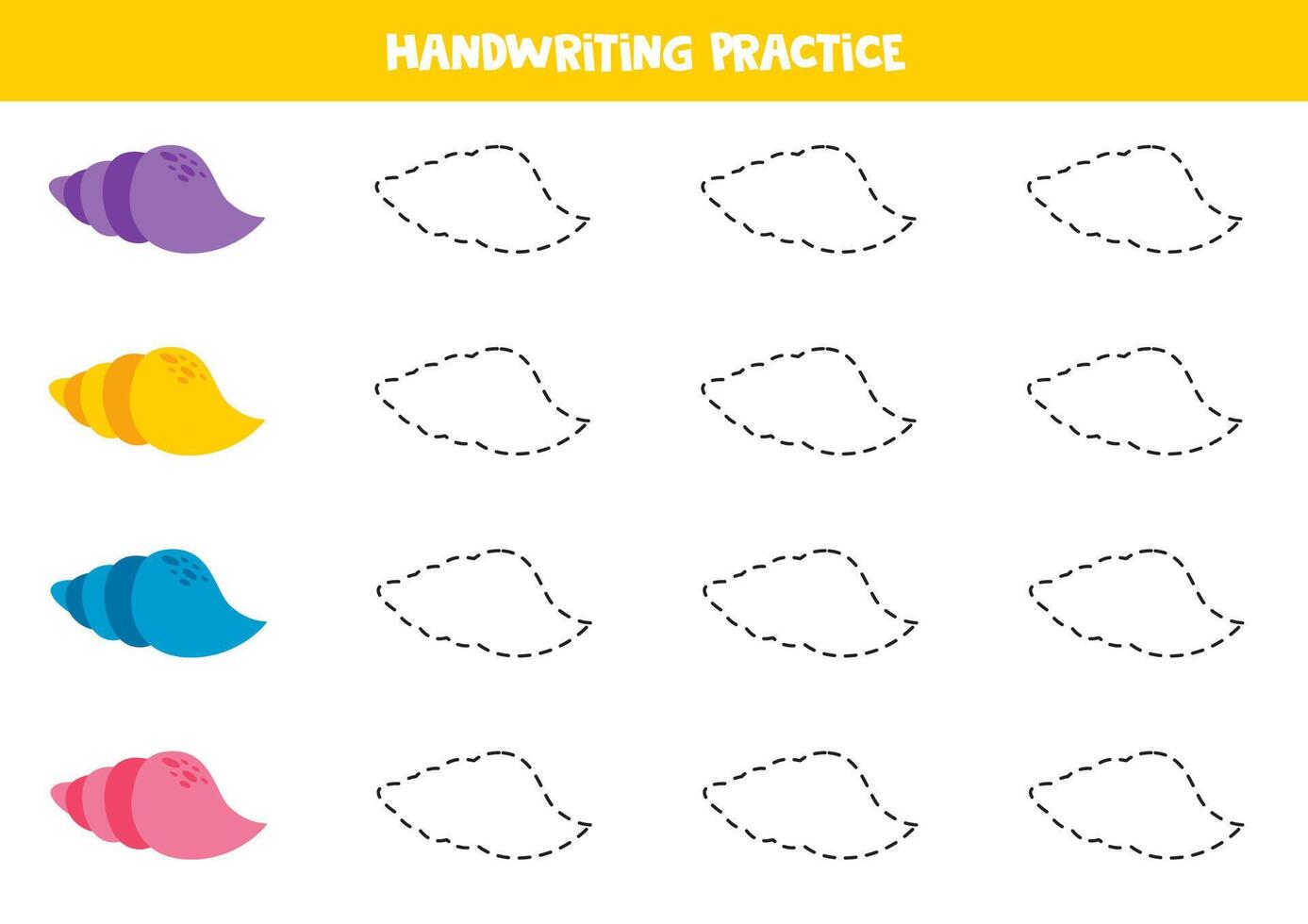Tracing contours of colorful sea shells. Writing practice. vector