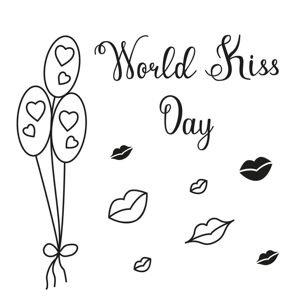 World Kissing Day image in doodle style. Greeting card with images of lips, balloons, and hearts. vector