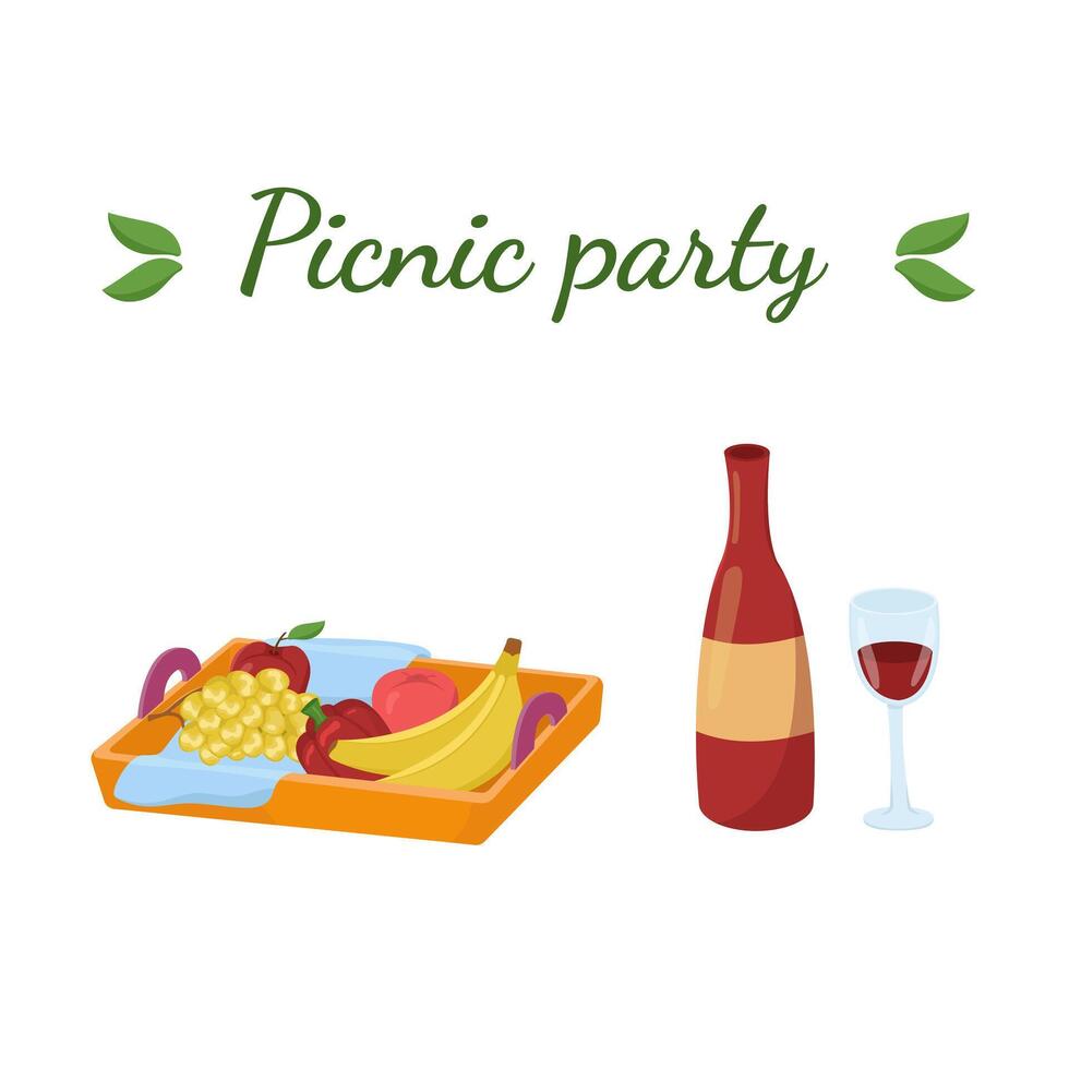 illustration of a tray with food and drinks for a picnic. Colored barbecue card. BBQ elements. vector
