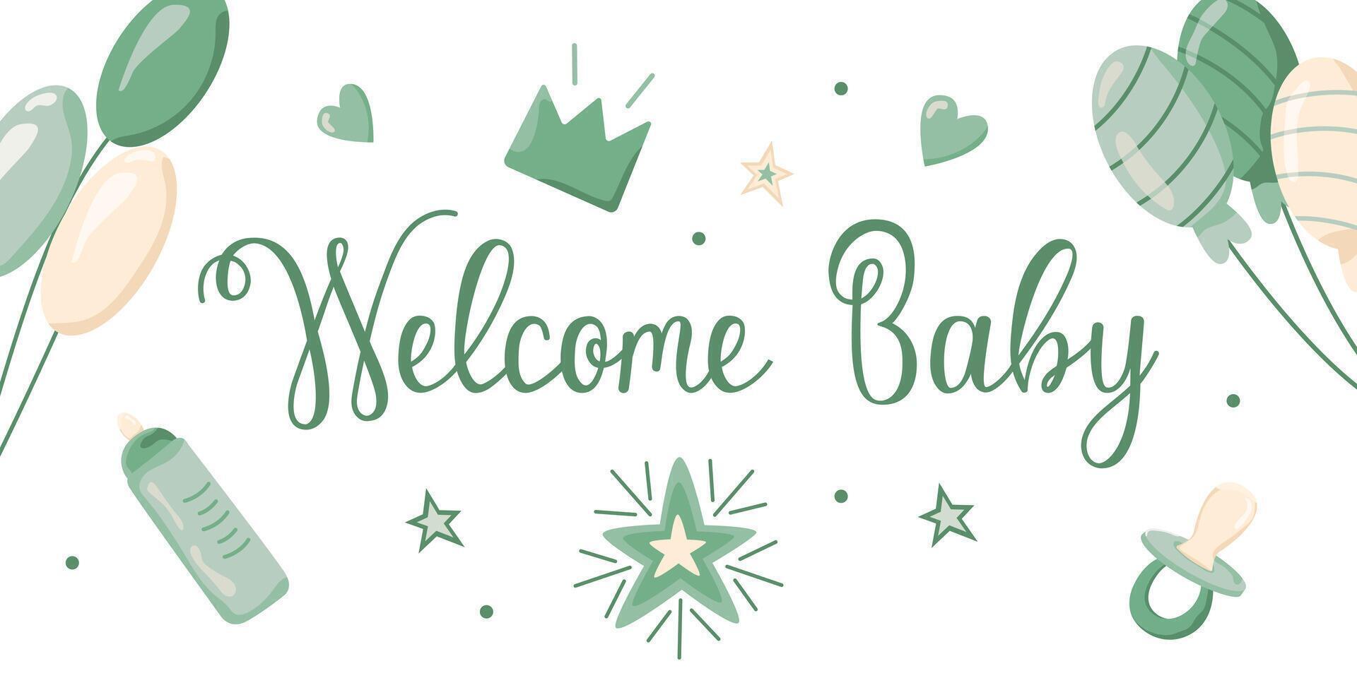 invitation card template for baby gender reveal party. Welcome baby greeting card. Color illustration with balloons in color for boys on a white background. vector
