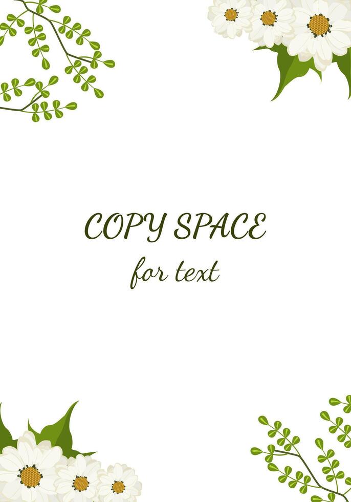 design with flower buds and leaves. Template for a postcard. Flowering plants in a text frame. Color image of daisies. vector