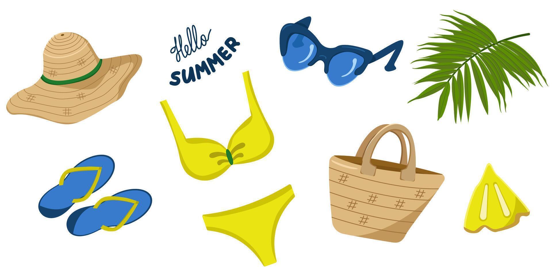 set of clothes and accessories for the beach and tropical vacation. Clothes for relaxing at sea and on the beach. Summer beach fashion. Tropical fruits. vector
