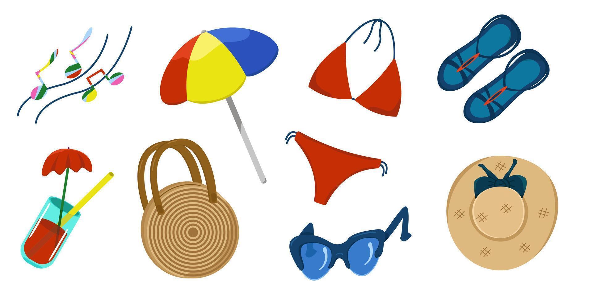 set of clothes and accessories for the beach and vacation. Summer beach fashion. Summer holiday concept on the beach. Party by the water. vector