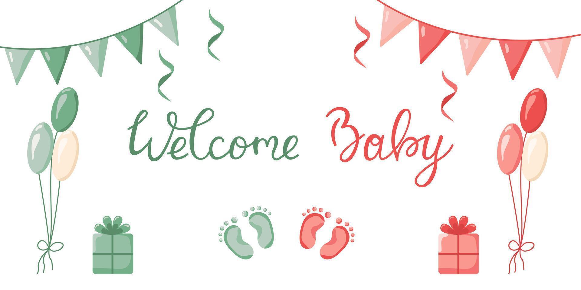 invitation card template for baby gender reveal party. Welcome baby greeting card. Color illustration with balls, flags and gifts on a white background. vector