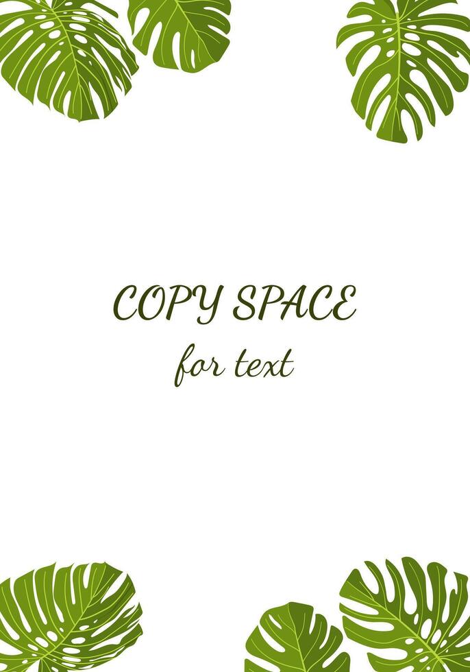 ector design with tropical leaves. Template for a greeting card. Flowering plants in a text frame. vector