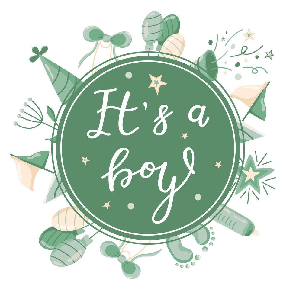Hand drawn greeting card for the birth of a Boy. invitation card template for baby gender reveal party. Color illustration with balloons, crackers and party items on a white background. vector