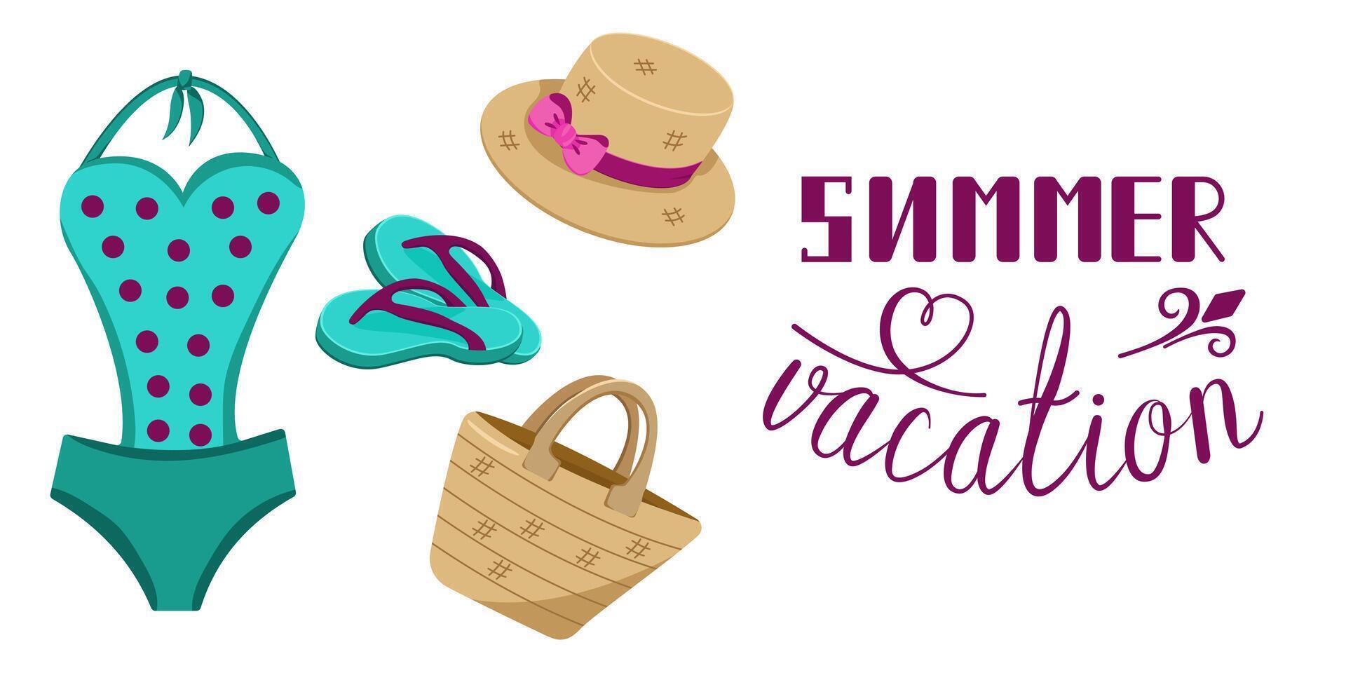 set of summer clothes and accessories for the beach. Summer beach fashion. Seaside holiday concept. vector