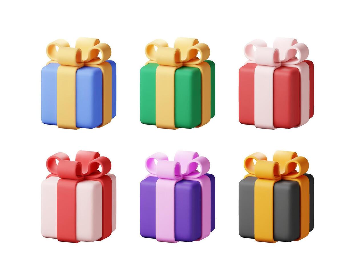 3D gift box set isolated. Render Collection of colorful wrapped box. Christmas, new year, sale, shopping. Present box with bows ribbons. Giftbox for valentine, birthday, holiday. vector