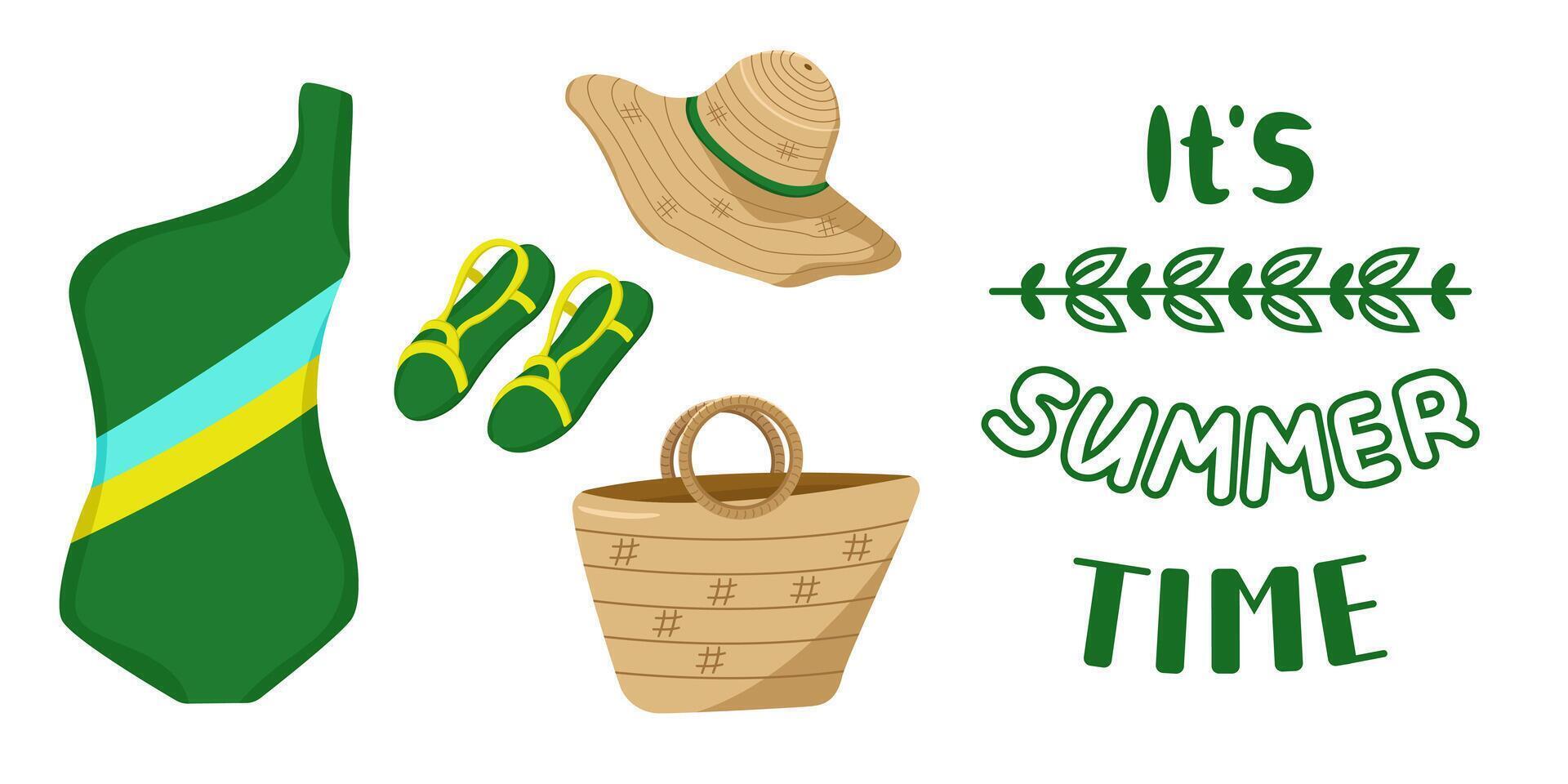 set of clothes and accessories for the beach and seaside holidays in green color. Summer beach fashion. Color illustration of a swimsuit, raffia bag and sunglasses. vector