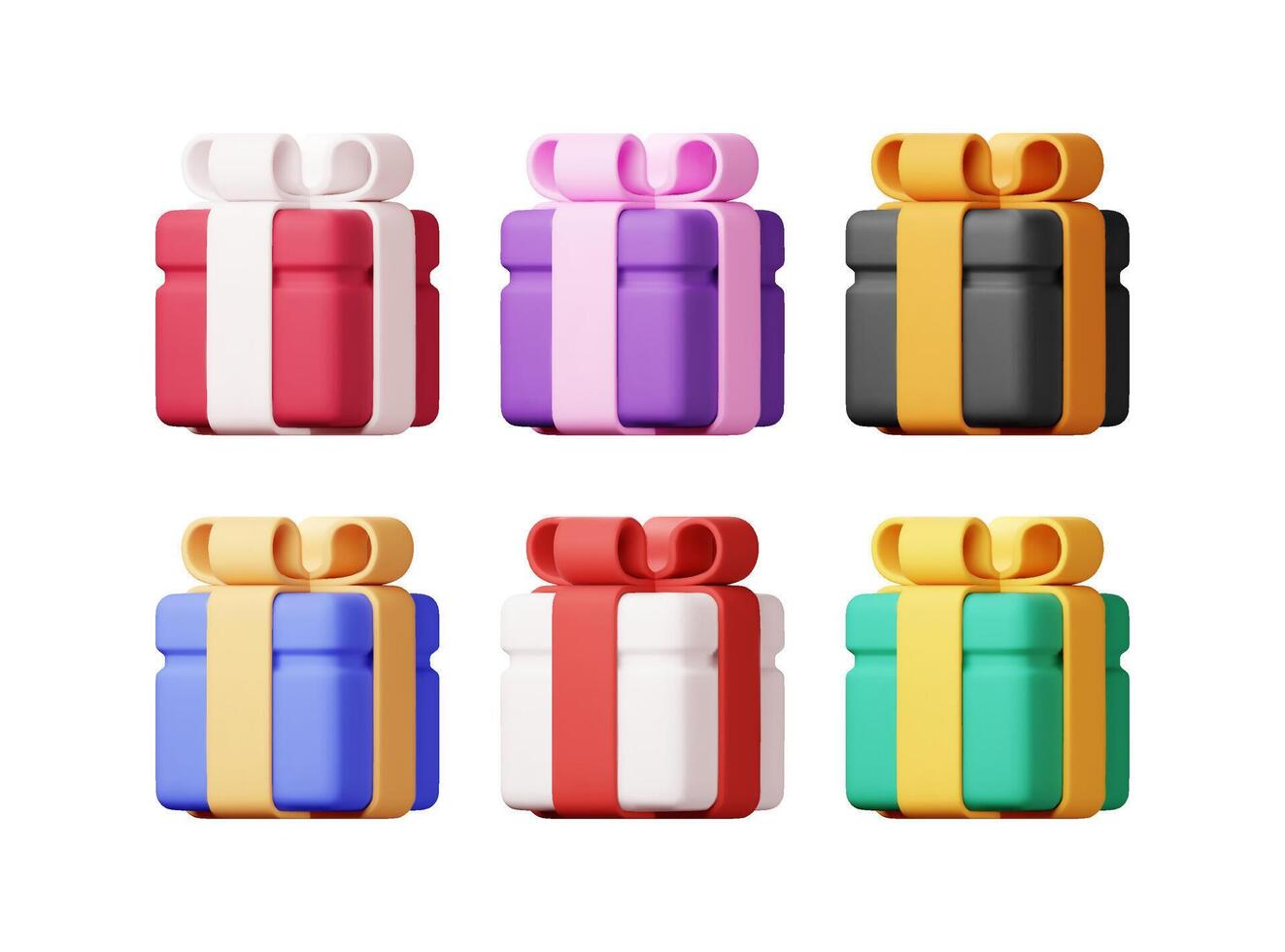 3D gift box set isolated. Render Collection of colorful wrapped box. Christmas, new year, sale, shopping. Present box with bows ribbons. Giftbox for valentine, birthday, holiday. vector