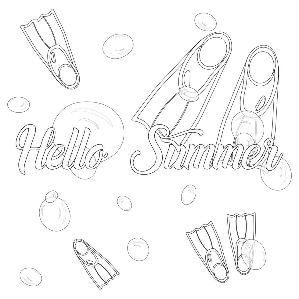 A fun and engaging coloring page featuring diving fins, bubbles, and Hello Summer text. Perfect for summertime creativity. vector