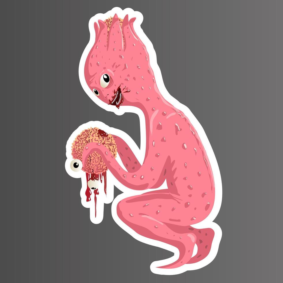 Sticker Creature With Pink Skin Alien Monster Eating Brain Squatting. illustration A sitting creature holding a bloody brain and its mouth covered in blood. Alien looks over his shoulder at you vector