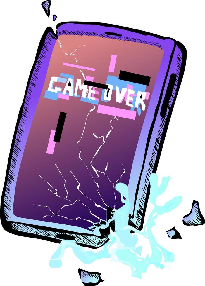 On the display of the smartphone there is a glitch effect and the inscription game over. illustration the phone is broken and fragments fly to the sides. At the same time a sheaf of electric vector
