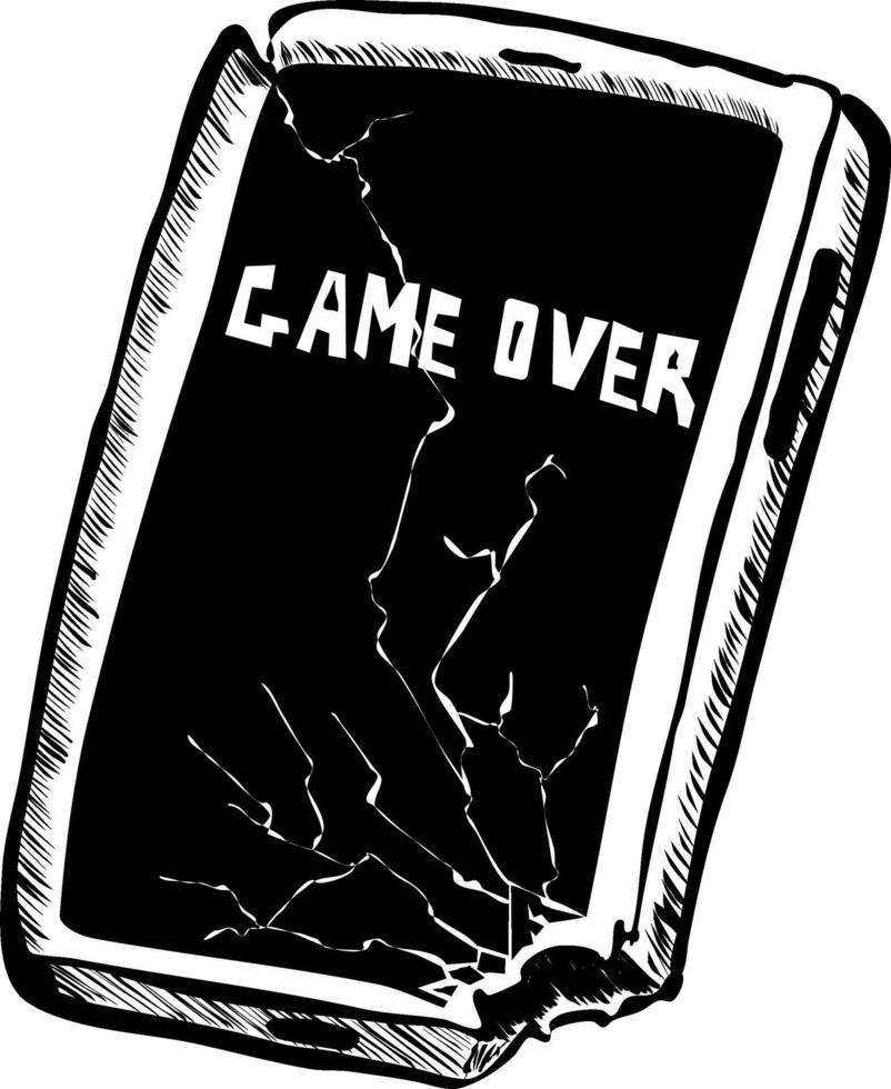 Monochrome sticker is a broken smartphone with the inscription game over. illustration on the display cracks and the corner of the smartphone is irretrievably broken off and a hole inside is vector
