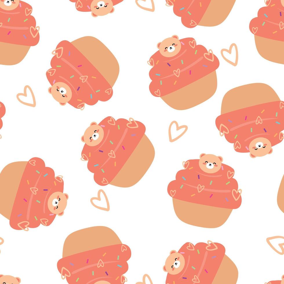 Seamless pattern with cartoon strawberry cup cakes, for fabric prints, textiles, gift wrapping paper. children's colorful , flat style vector