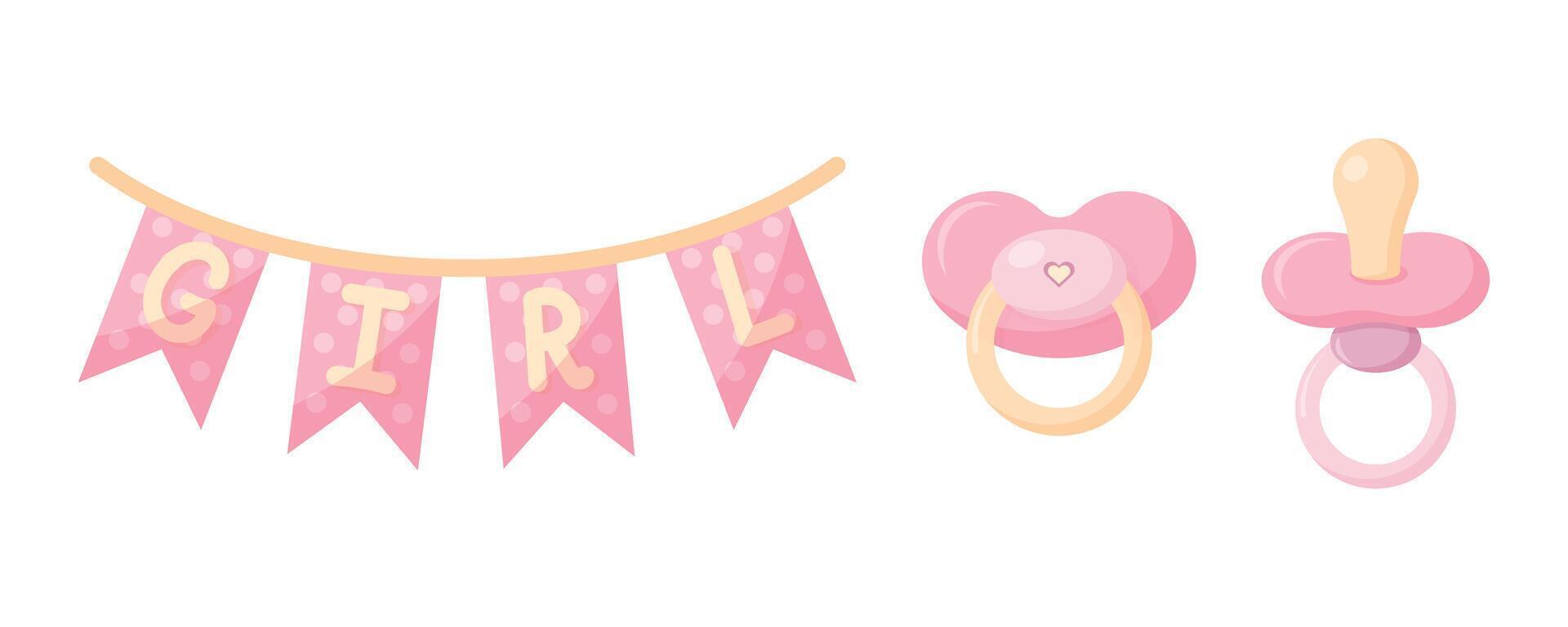 Pink baby Dummy set for girl. Baby pacifier icon. Element for design of logo, icons, buttons. illustration vector