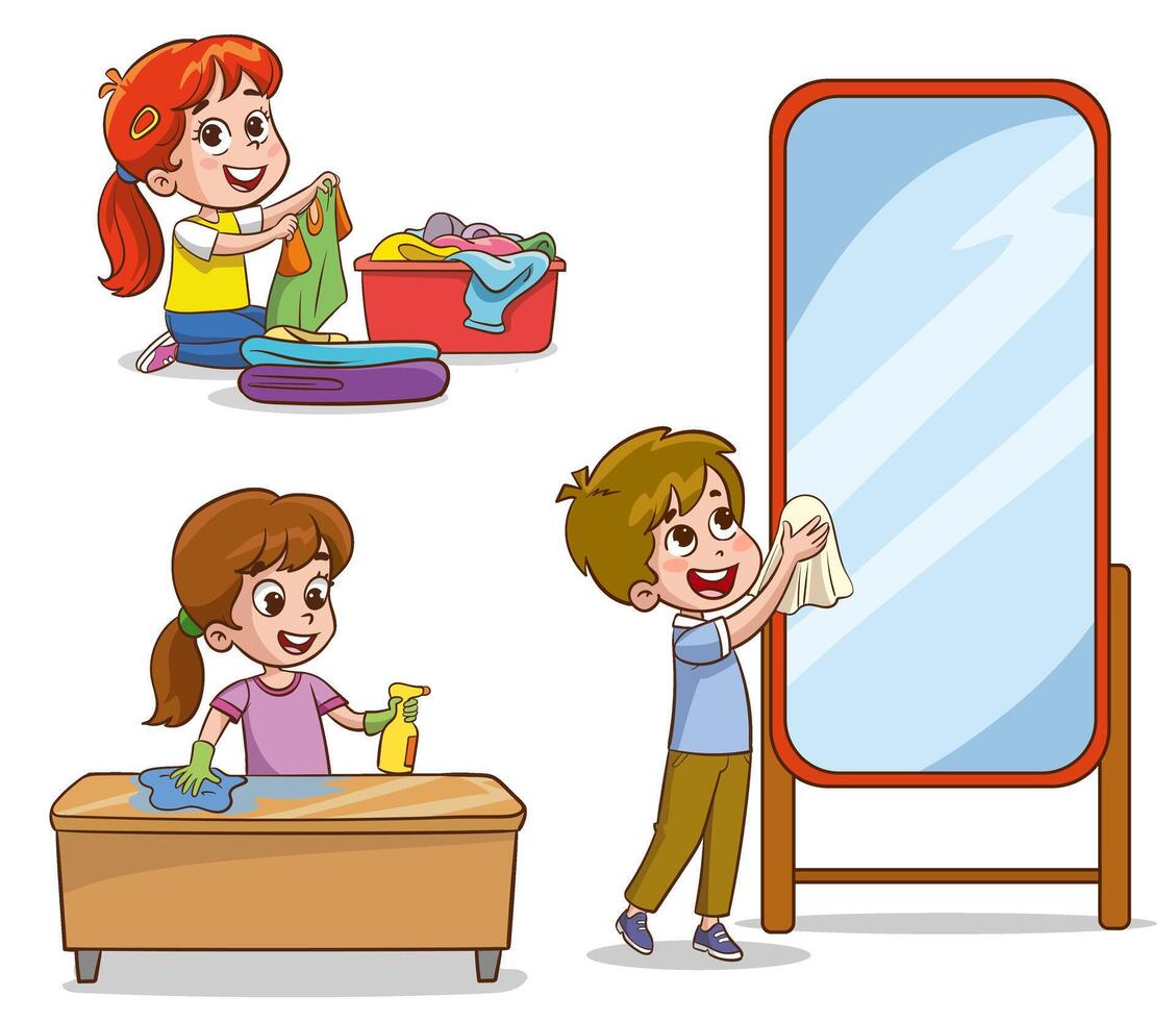 Cartoon children doing housework. Boys and girl helping parents with laundry, washing and vacuuming floor and taking out garbage. Characters doing cleanup or household chores vector