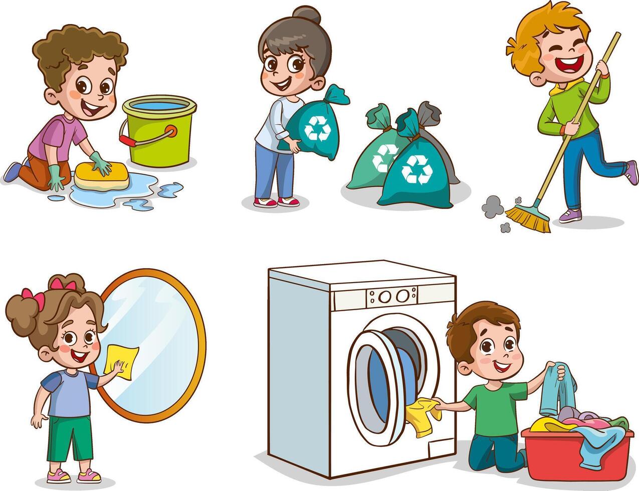 Cartoon children doing housework. Boys and girl helping parents with laundry, washing and vacuuming floor and taking out garbage. Characters doing cleanup or household chores vector