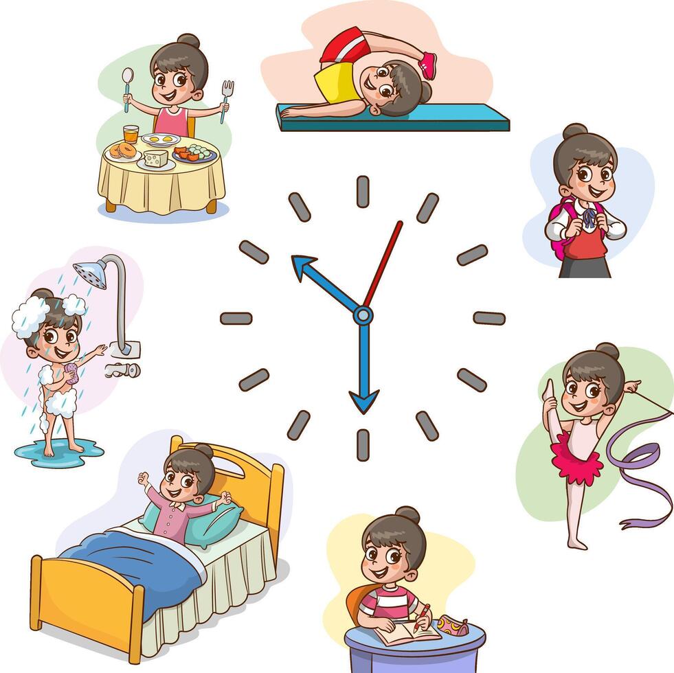 Girls daily routine. Dial clock with different activities scenes. Little child sleeping and eating breakfast. Hygiene and studying. Time to training or reading. Splendid vector