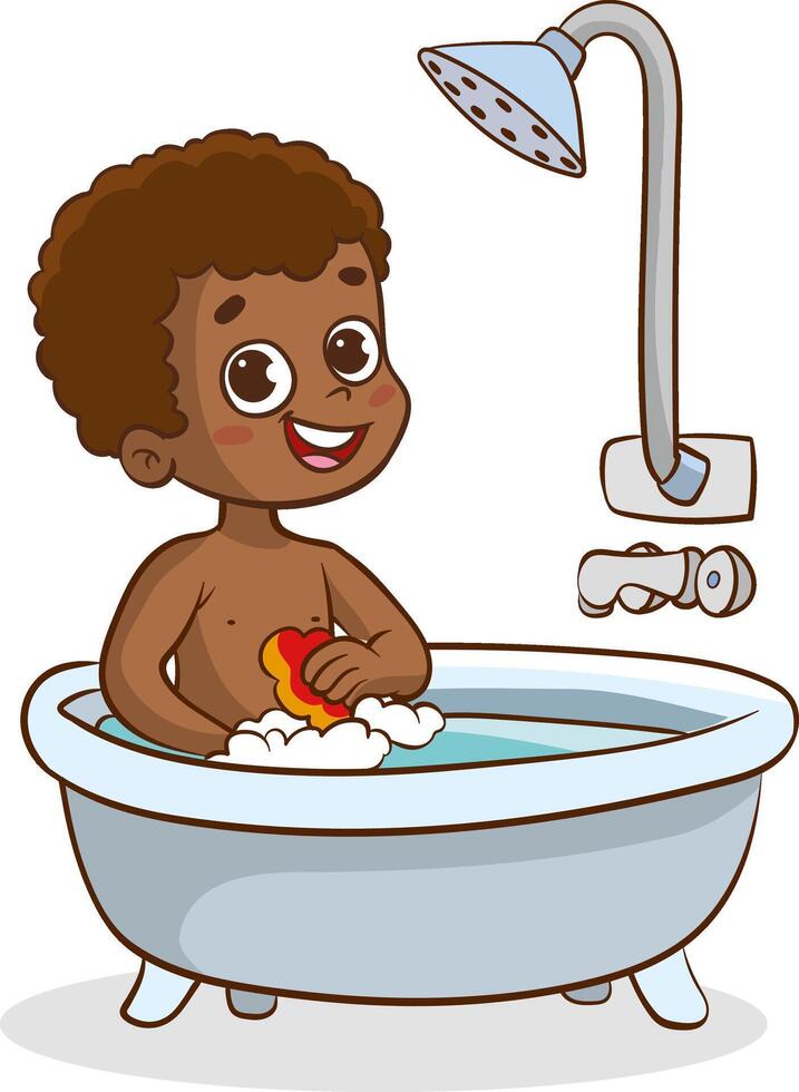 little kid take a shower and wash body vector