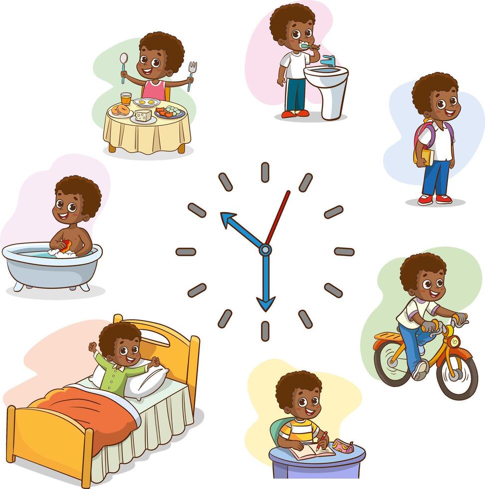 Boy daily routine. Children everyday activities and habits. Dial clock. Kids scheduling. Hygiene or studying. Teen eating and sleeping. Time to training or reading vector
