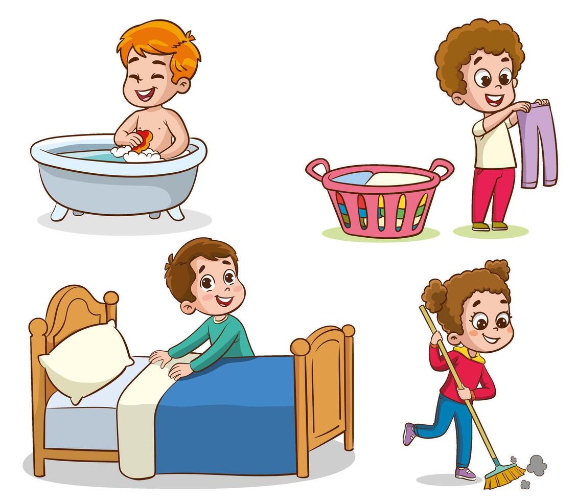 Cartoon children doing housework. Boys and girl helping parents with laundry, washing and vacuuming floor and taking out garbage. Characters doing cleanup or household chores vector