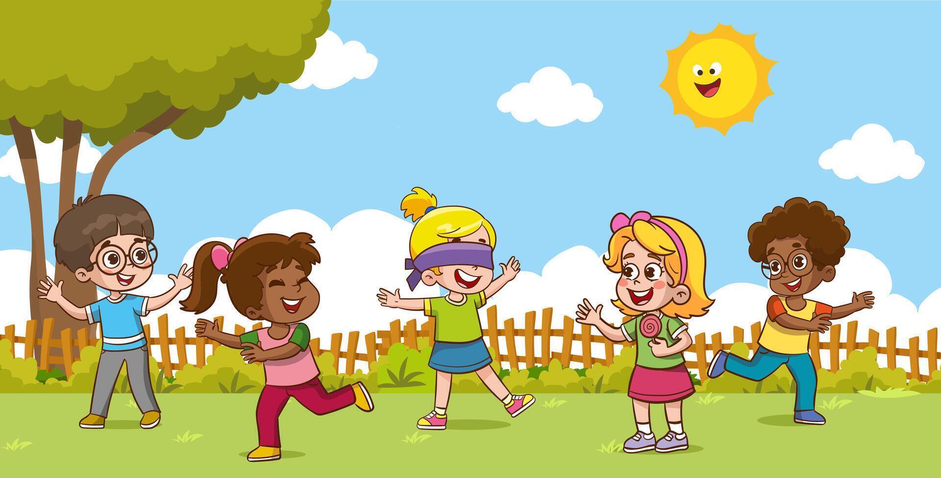 happy cute little ethnic kid boy and girl play tag blindfolded vector
