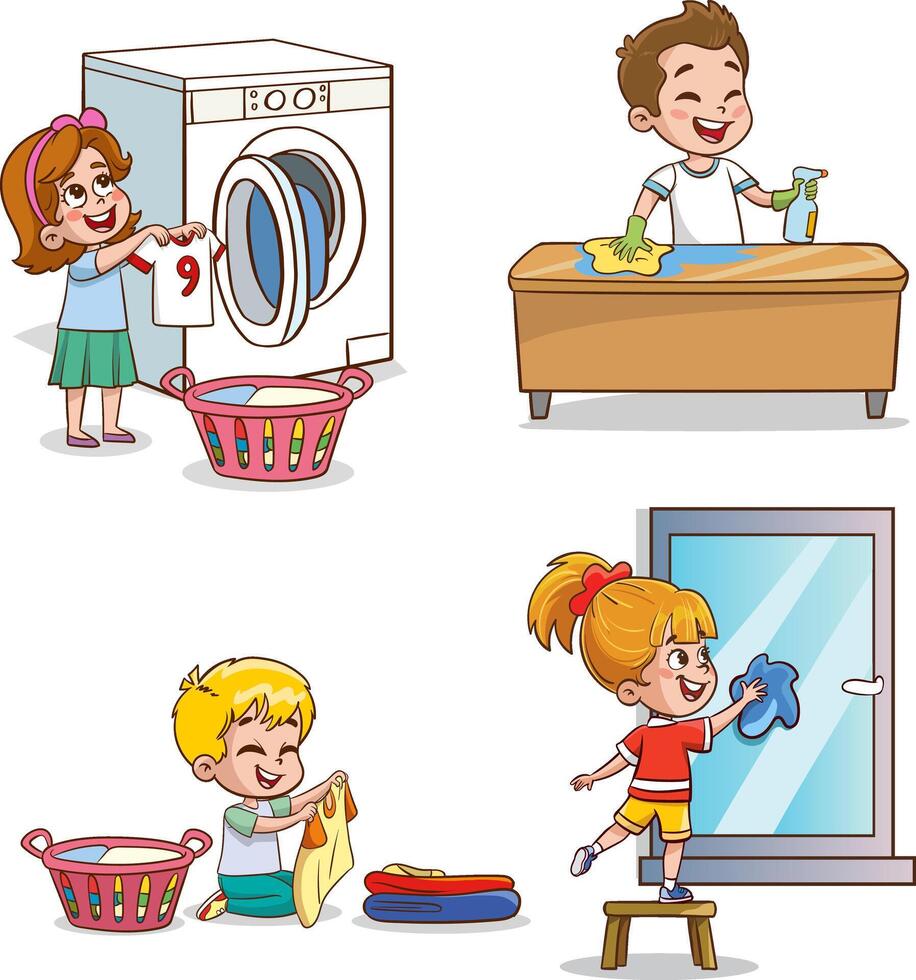 Cartoon children doing housework. Boys and girl helping parents with laundry, washing and vacuuming floor and taking out garbage. Characters doing cleanup or household chores vector