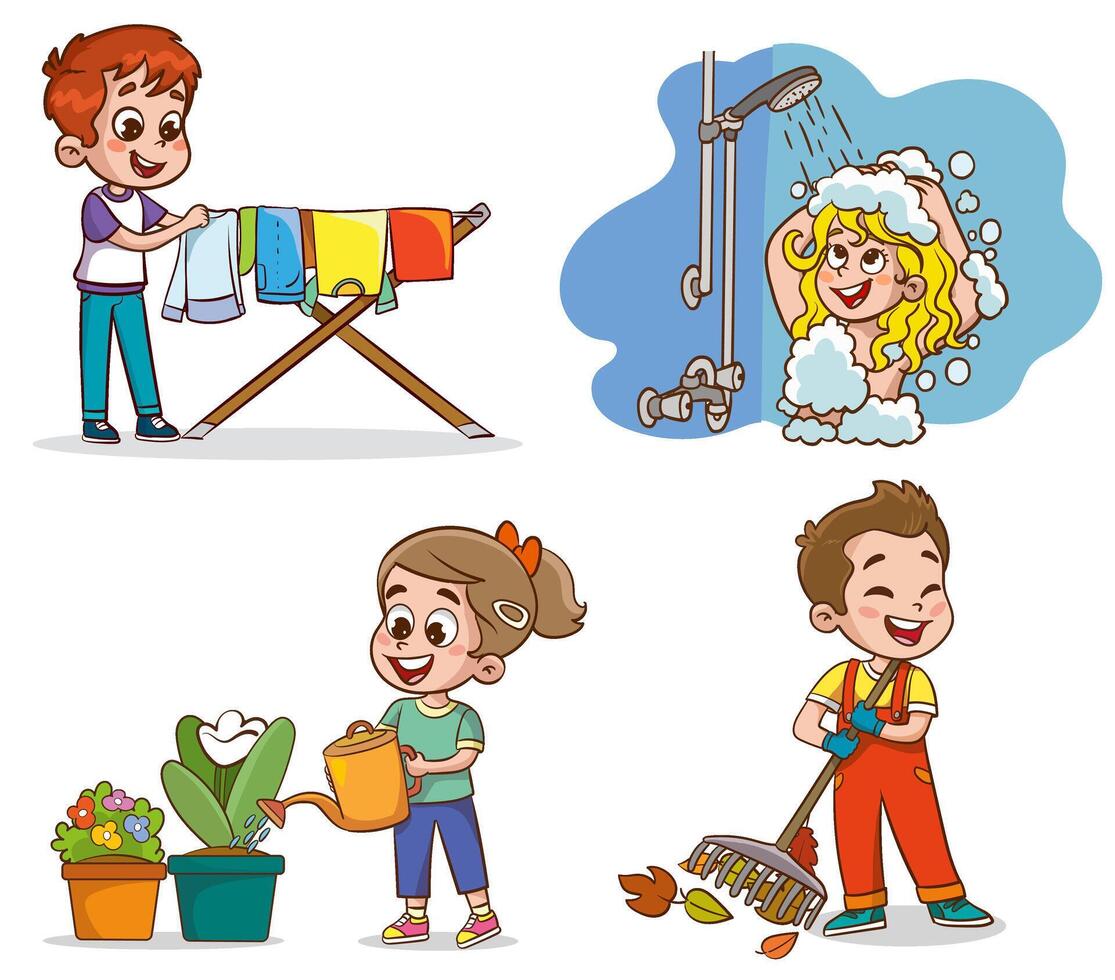 Cartoon children doing housework. Boys and girl helping parents with laundry, washing and vacuuming floor and taking out garbage. Characters doing cleanup or household chores vector