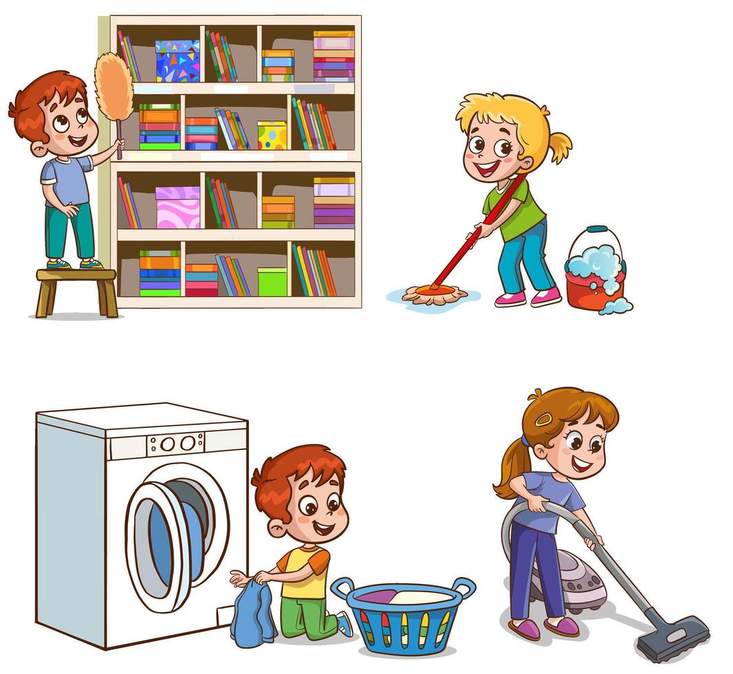 Cartoon children doing housework. Boys and girl helping parents with laundry, washing and vacuuming floor and taking out garbage. Characters doing cleanup or household chores vector