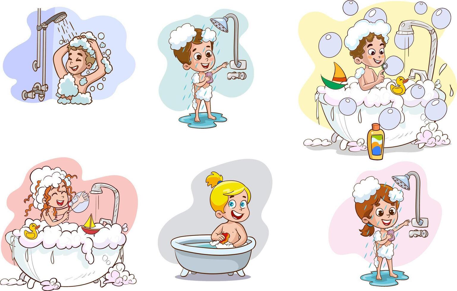 Little Kids Taking Bath and Washing Body Big Set vector