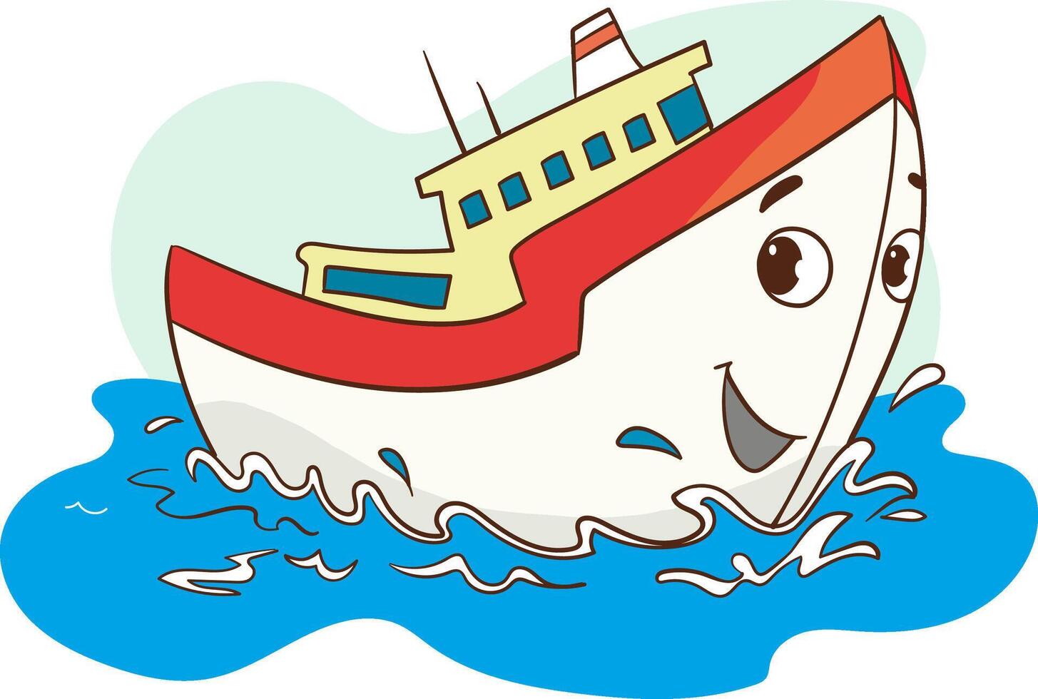 Fish trawler boat on sea nautical background. Commercial fishing ship with lifebuoy in ocean water cartoon illustration. Empty nautical adventure game to catch food equipment in river. vector