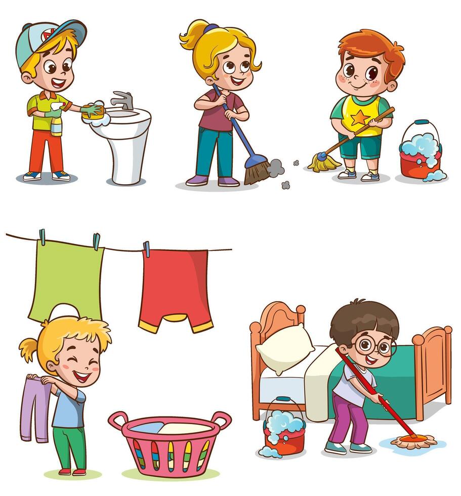 Cartoon children doing housework. Boys and girl helping parents with laundry, washing and vacuuming floor and taking out garbage. Characters doing cleanup or household chores vector