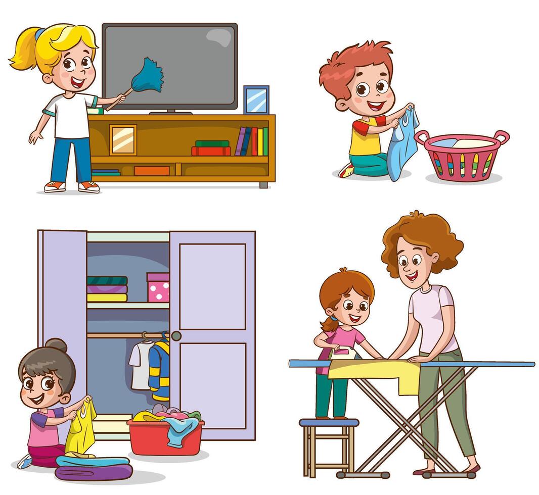 Cartoon children doing housework. Boys and girl helping parents with laundry, washing and vacuuming floor and taking out garbage. Characters doing cleanup or household chores vector