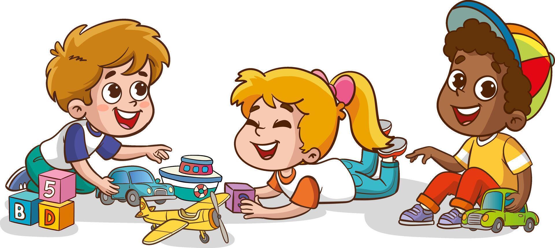 Children play together in kindergarten. Children play together in the playroom, on the playground, having fun, playing in a good mood. Preschool children have fun. Children's activity in the kindergar vector