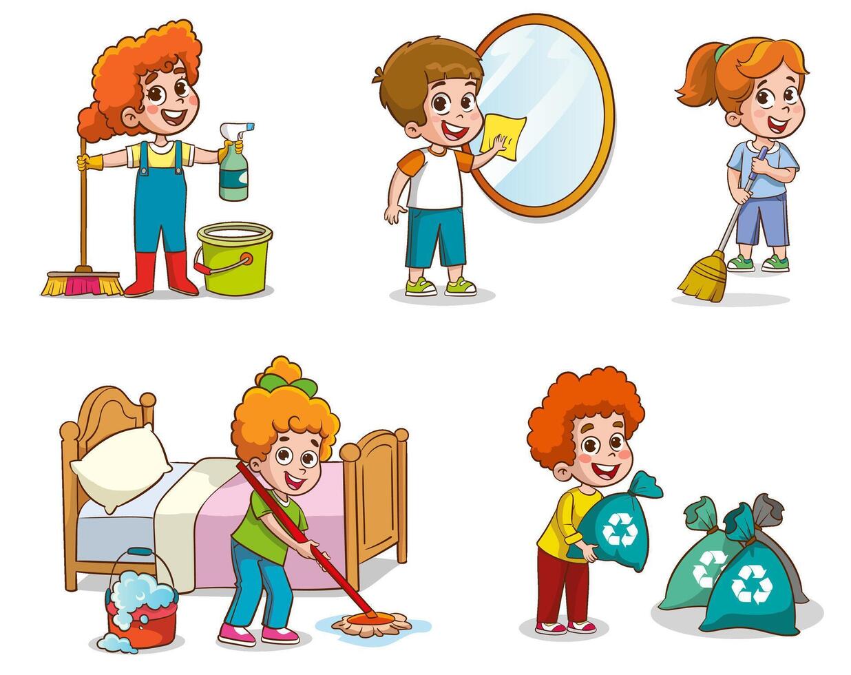 Cartoon children doing housework. Boys and girl helping parents with laundry, washing and vacuuming floor and taking out garbage. Characters doing cleanup or household chores vector