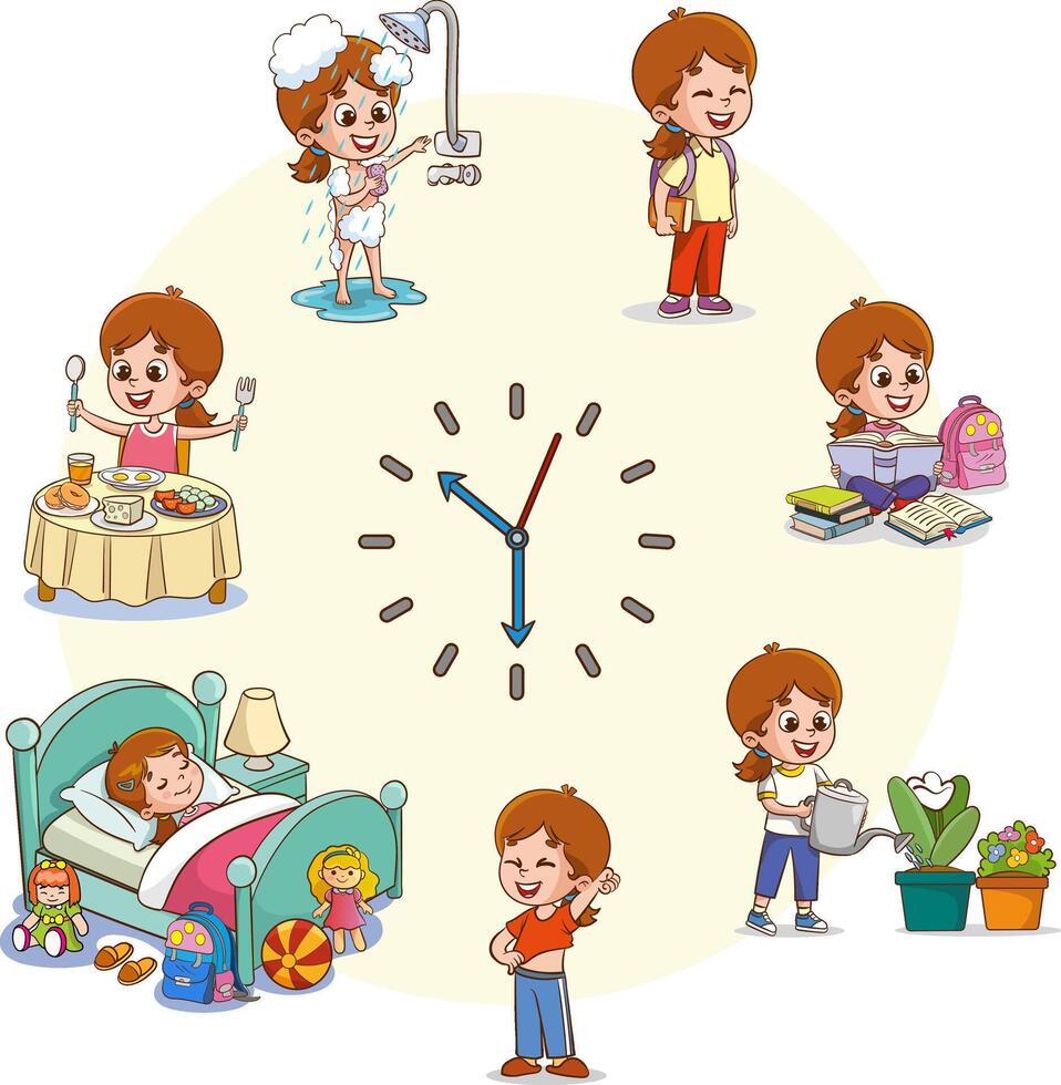 Girls daily routine. Dial clock with different activities scenes. Little child sleeping and eating breakfast. Hygiene and studying. Time to training or reading. Splendid vector