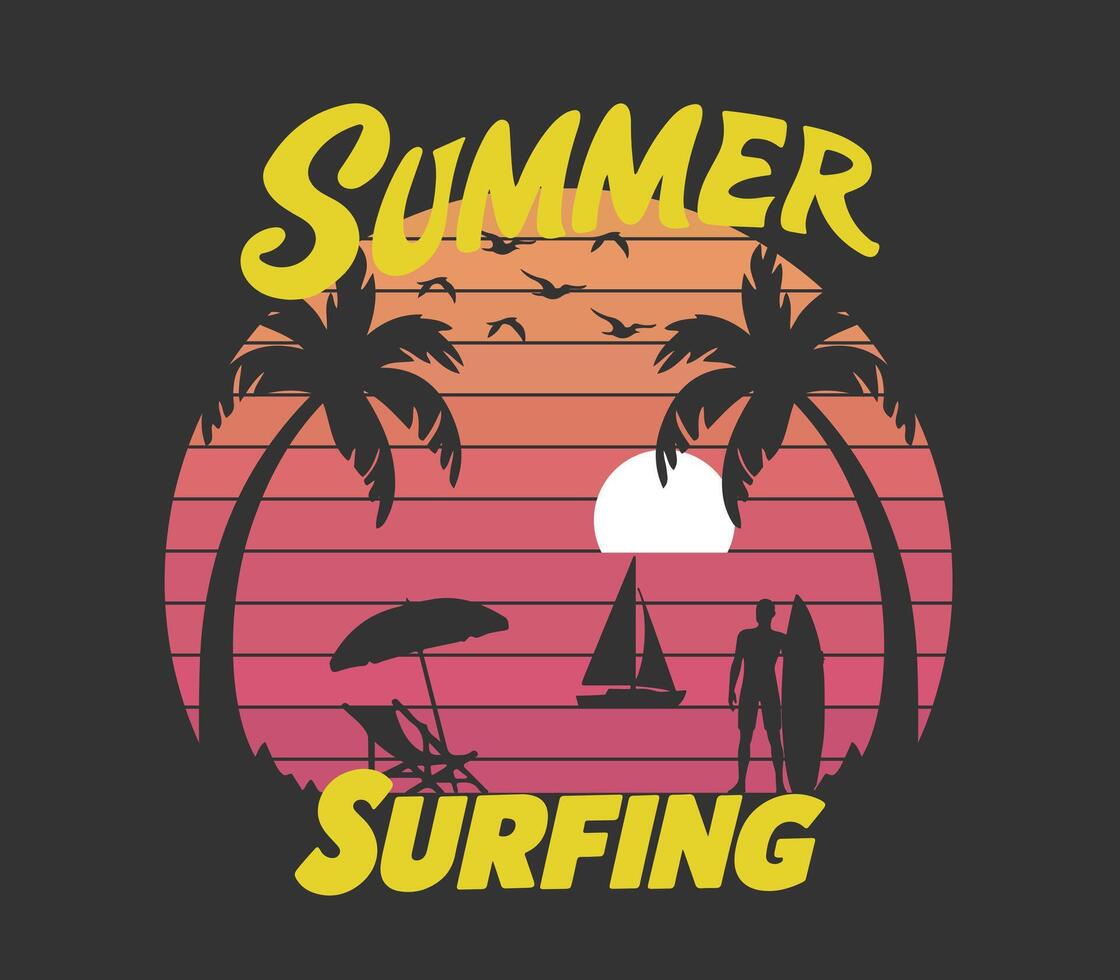 Summer surfing T-shirt design. Summer t-shirt design for t-shirt print and other uses. summer beach and sunset graphic for t shirt vector