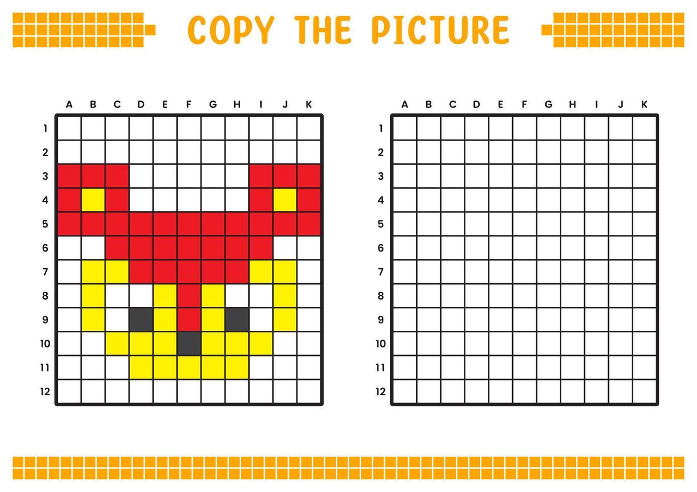 Copy the picture, complete the grid image. Educational worksheets drawing with squares, coloring cell areas. Children's preschool activities. Cartoon , pixel art. Mouse deer face illustration. vector