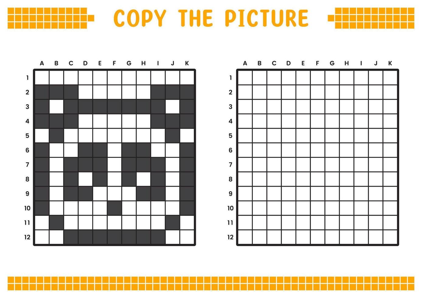 Copy the picture, complete the grid image. Educational worksheets drawing with squares, coloring cell areas. Children's preschool activities. Cartoon , pixel art. Panda face illustration. vector