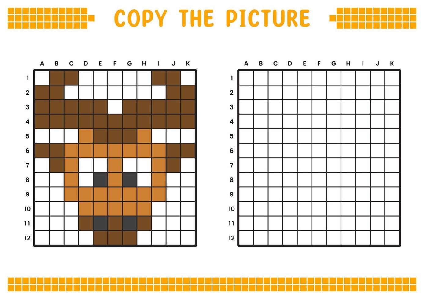 Copy the picture, complete the grid image. Educational worksheets drawing with squares, coloring cell areas. Children's preschool activities. Cartoon , pixel art. Buffalo face illustration. vector