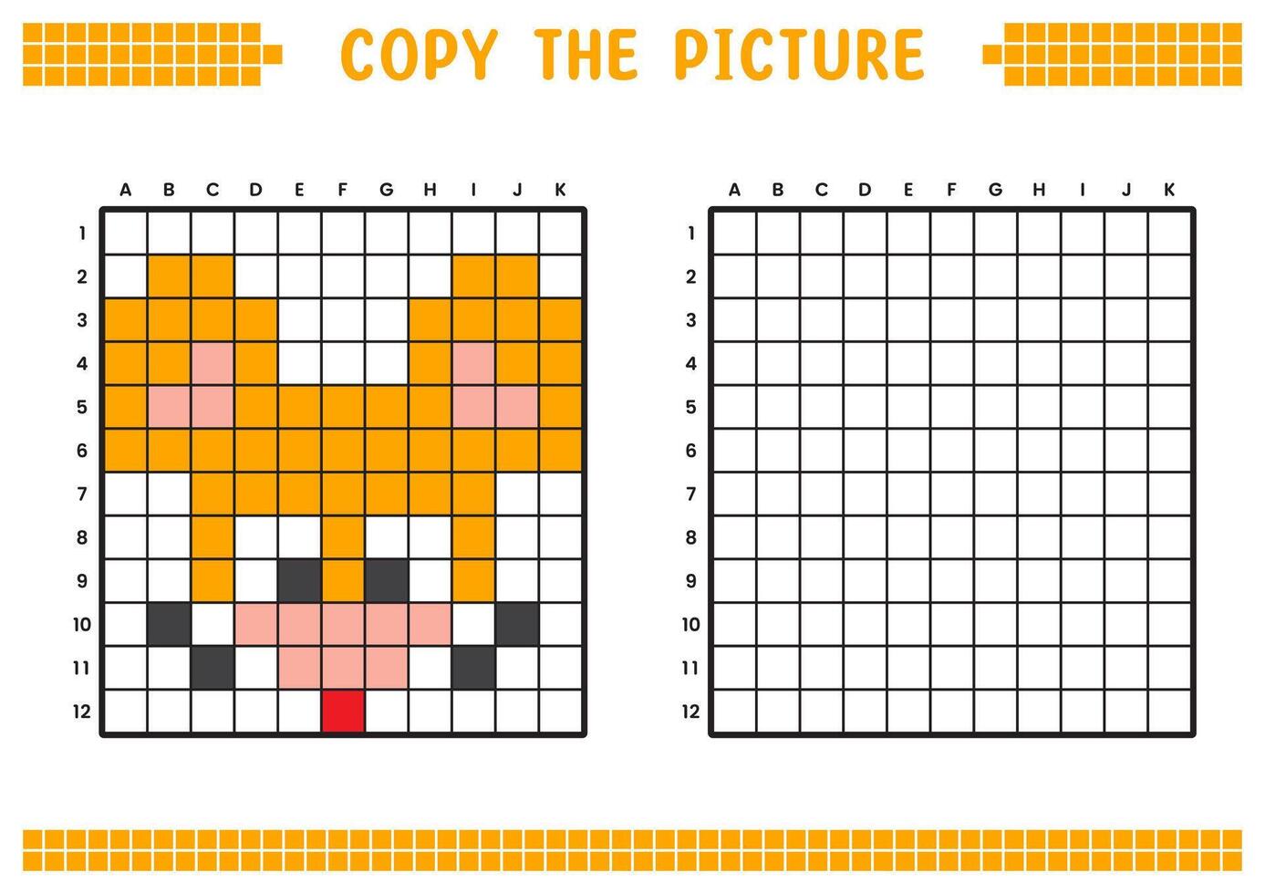 Copy the picture, complete the grid image. Educational worksheets drawing with squares, coloring cell areas. Children's preschool activities. Cartoon , pixel art. Mouse face illustration. vector