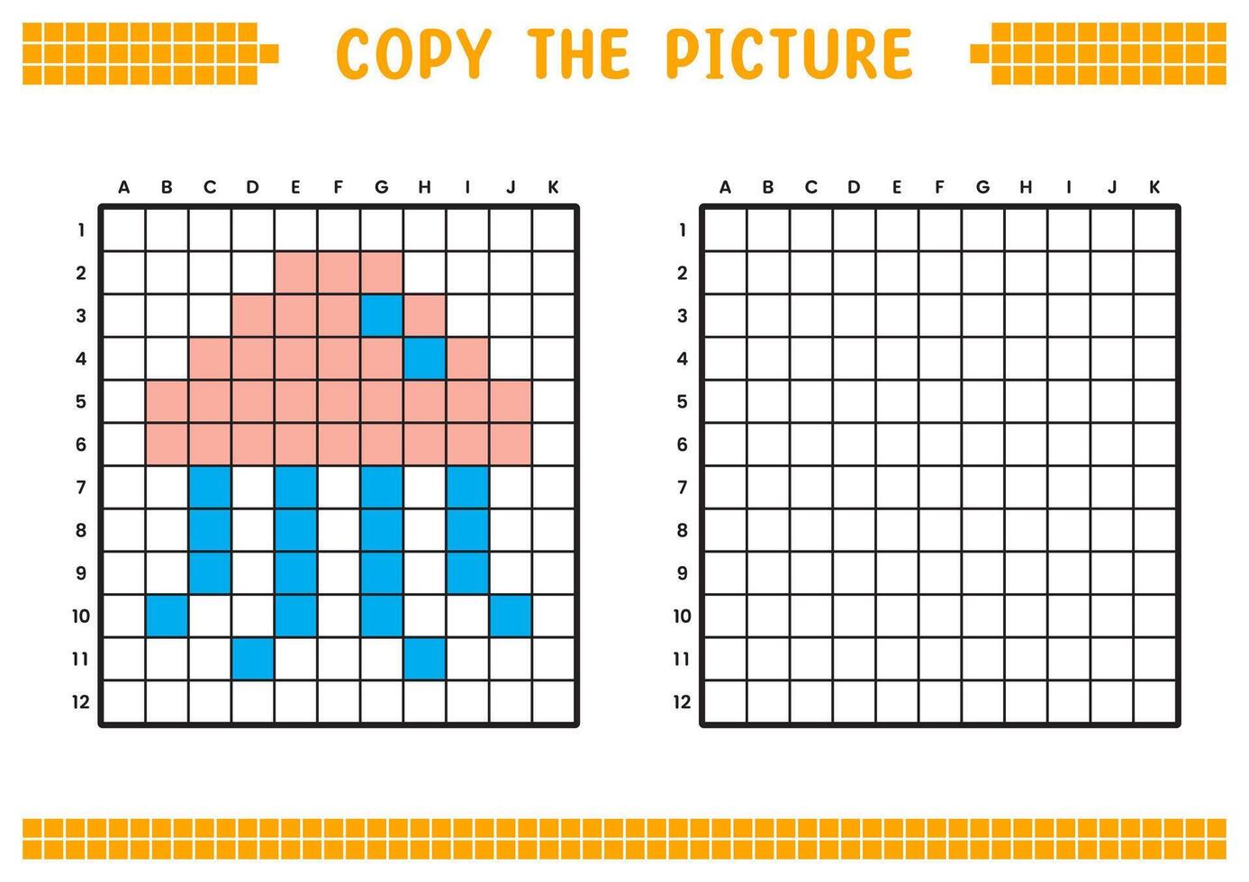 Copy the picture, complete the grid image. Educational worksheets drawing with squares, coloring cell areas. Children's preschool activities. Cartoon , pixel art. Jellyfish illustration. vector