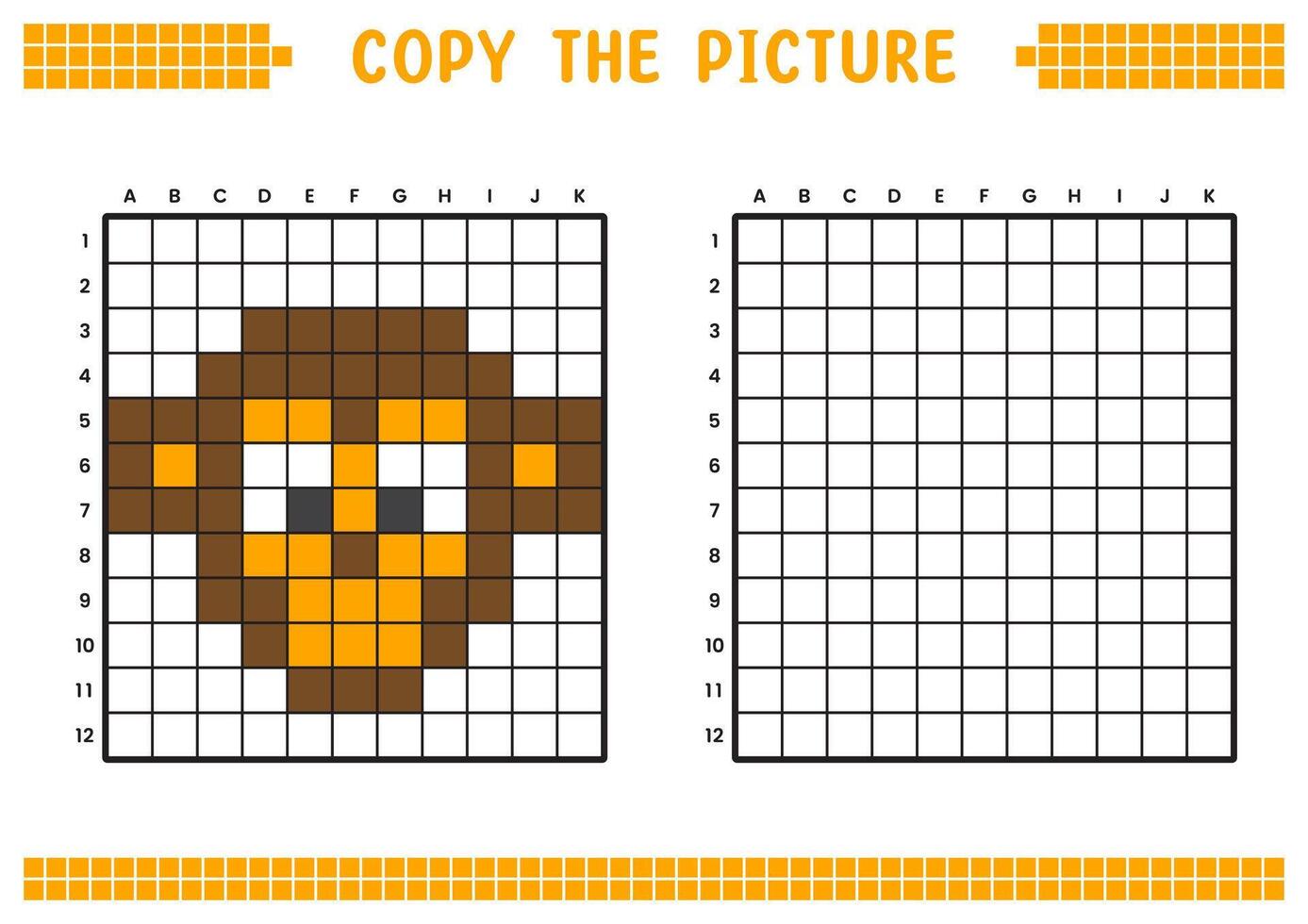 Copy the picture, complete the grid image. Educational worksheets drawing with squares, coloring cell areas. Children's preschool activities. Cartoon , pixel art. Monkey face illustration. vector