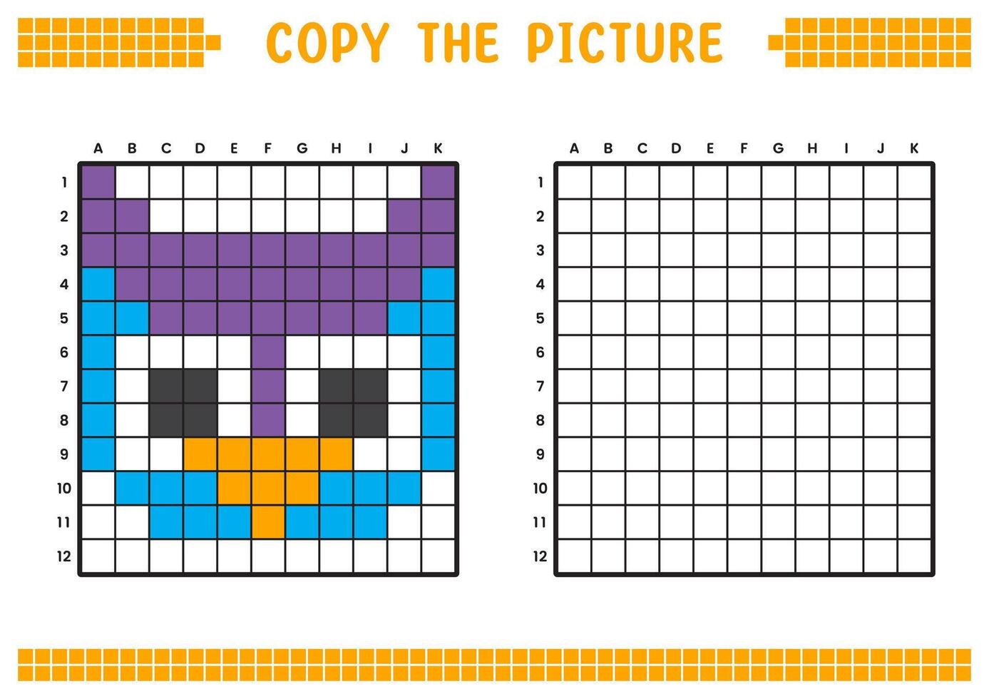 Copy the picture, complete the grid image. Educational worksheets drawing with squares, coloring cell areas. Preschool activities, children's games. Cartoon illustration, pixel art. Owl face. vector