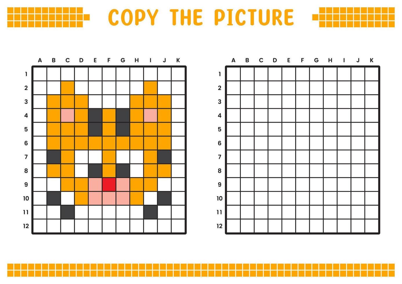 Copy the picture, complete the grid image. Educational worksheets drawing with squares, coloring cell areas. Children's preschool activities. Cartoon , pixel art. Orange cat face illustration. vector