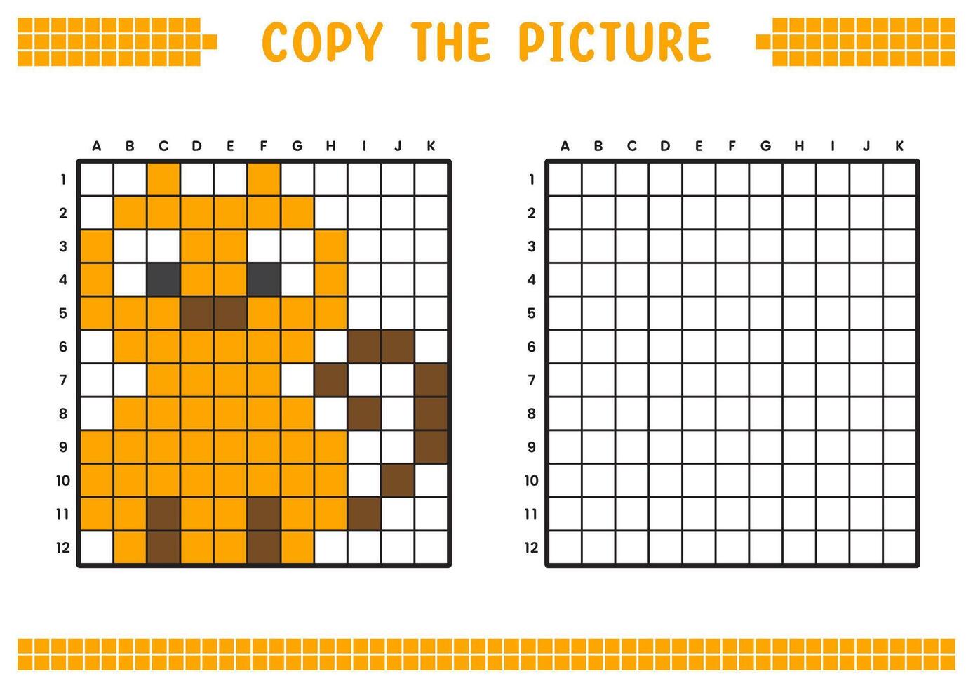Copy the picture, complete the grid image. Educational worksheets drawing with squares, coloring cell areas. Children's preschool activities. Cartoon , pixel art. Orange cat illustration. vector